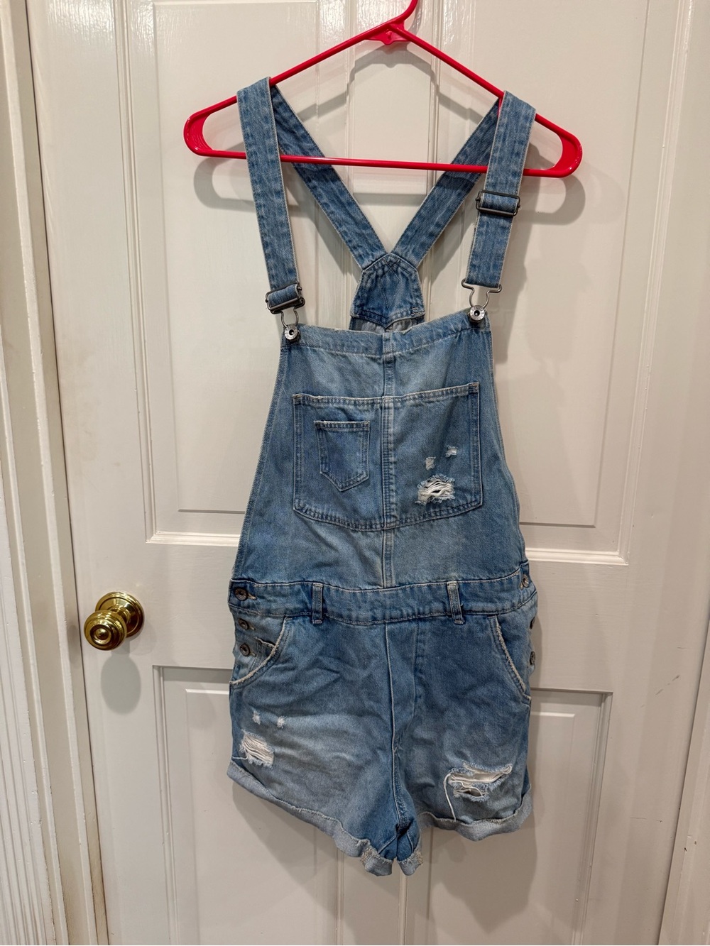 H&M &denim Light Wash Distressed Denim Short Overalls Sz 8